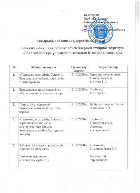 "Жас экологтар" үйірмесінің апталық іс-шара жоспары
